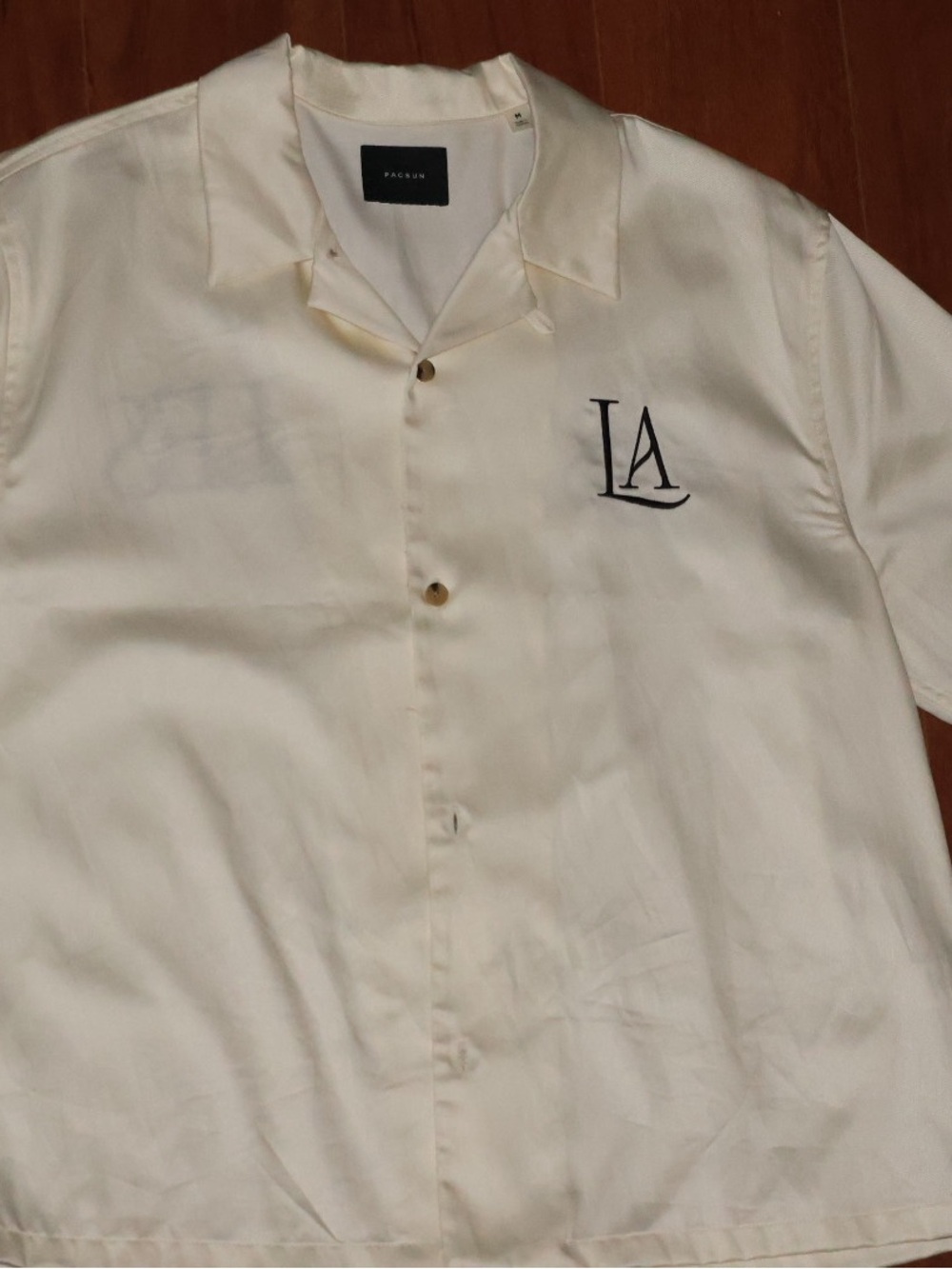 PacSun Cream Short-Sleeve Button-Up with LA Logo